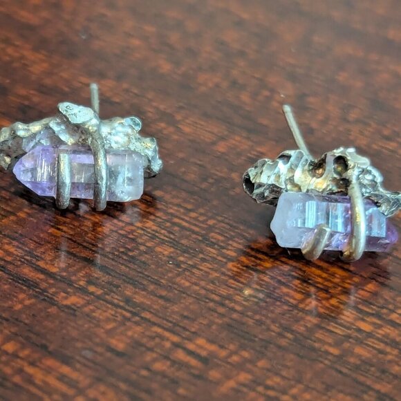 Fairycore Amethyst Sterling Silver Earrings Crystal Raw Cut Stud Boho Handmade - Picture 8 of 10
